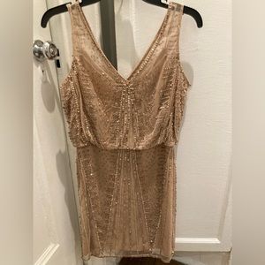 Adrianna Pappell V-Neck sequins and beaded sleeveless dress, taupe, size 4